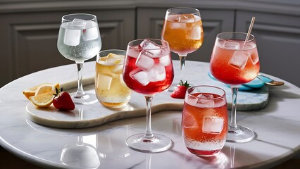 Glasses of different refreshing soda water with ice cubes on white marble table