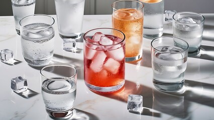 Glasses of different refreshing soda water with ice cubes on white marble table