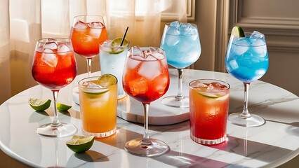 Glasses of different refreshing soda water with ice cubes on white marble table