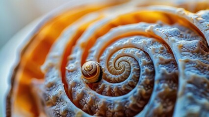 Wall Mural - Close-up of a seashell with a spiral pattern, showing the intricate details of the shell's structure.