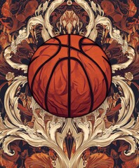 Canvas Print - A stylized basketball surrounded by intricate floral patterns and vibrant colors.