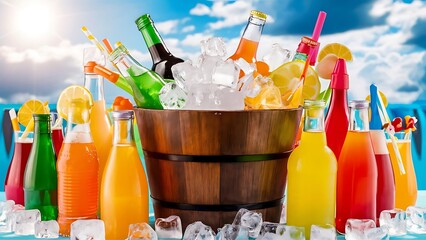 Bottles with tasty drinks in bucket with ice cubes, in bright background