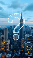 Double exposure of abstract virtual question mark hologram on New York city skyscrapers background. Sociology and psychology concept isolated with white highlights, png