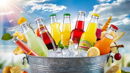 Wall Mural - Bottles with tasty drinks in bucket with ice cubes, in bright background