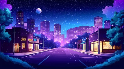 Wall Mural - Vibrant night cityscape with colorful lights and a starry sky.