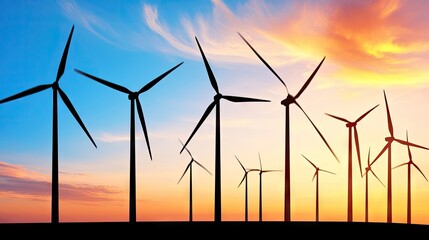 Silhouetted wind turbines framed by an orange and blue sunset sky highlighting sustainable energy and nature's harmony