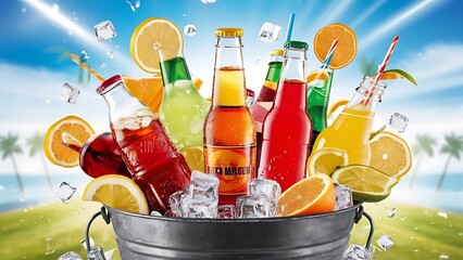 Bottles with tasty drinks in bucket with ice cubes, in bright background