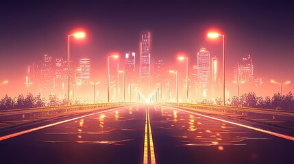 Wall Mural - Futuristic cityscape at night with vibrant neon lights and a deserted road.