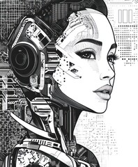 Poster - A futuristic portrait of a humanoid figure with robotic elements and intricate designs.