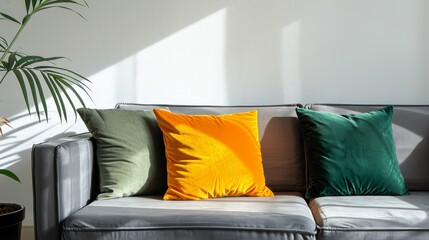 Wall Mural - A modern living room bathed in sunlight features a gray sofa adorned with multicolored throw pillows, creating a cozy and inviting atmosphere.