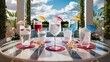 © Kartik - Glasses of different refreshing soda water with ice cubes on white marble table