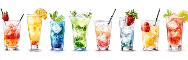 Wall Mural - Set of colorful cocktails and margaritas with ice cubes in glasses, isolated on a white background