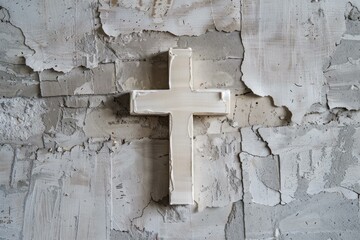 White wooden cross hanging on a grunge concrete wall representing faith, hope, and religion