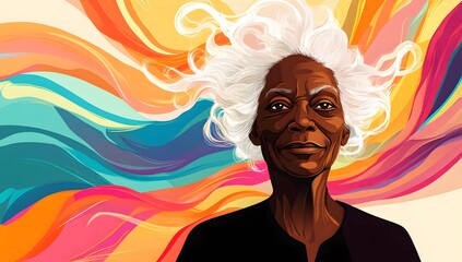 A happy old woman with white hair stands in front of colorful waves.