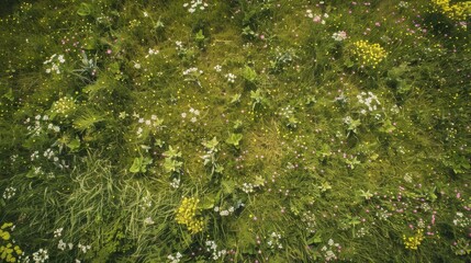 Wall Mural - A vibrant blossoming meadow teeming with various wildflowers and lush green grass viewed from above, showcasing the natural and colorful beauty.