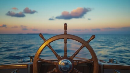 Wall Mural - The ship wheel of a yacht, poised for adventure, with the calm sea and sky providing a tranquil backdrop.