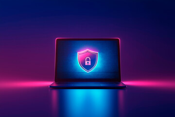 Sticker - Neon lock symbol on laptop screen representing cybersecurity and protection in dark background. Ai generative.