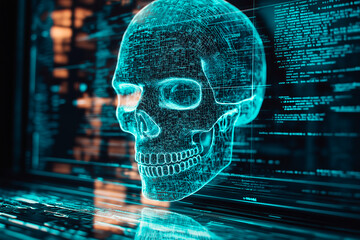 Poster - Neon holographic skull on digital background illustrating cybersecurity threats.