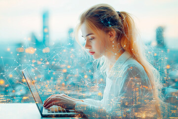 Canvas Print - Woman working on laptop with digital connections overlay on bright background. Ai generative.