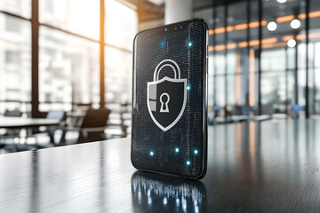 Wall Mural - Smartphone with cyber lock symbol on screen, on modern office background, representing cybersecurity.