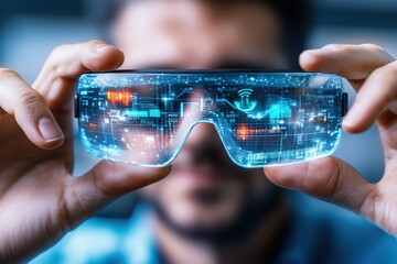 A close-up image showing the detailed design of futuristic augmented reality glasses, emphasizing advanced technology and innovation, perfect for tech enthusiasts and professionals.