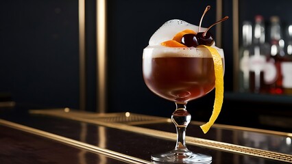 An alcoholic brown cocktail is in beautiful glass, on the bar