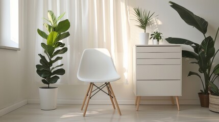 Wall Mural - A modern, minimalist interior with a white chair, wooden dresser, and several green plants, bathed in soft natural light.