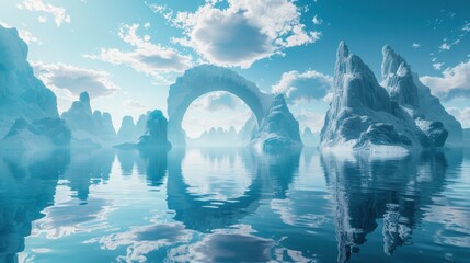 Wall Mural - 3d render. Abstract surreal seascape background with rocky mountains and mirror arches. Fantastic landscape wallpaper 