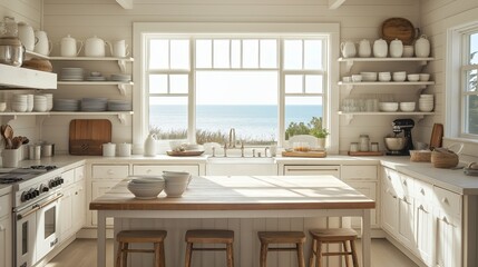 Wall Mural - A bright coastal kitchen with open shelves