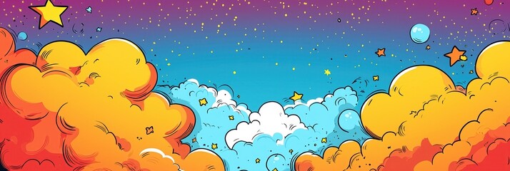 Wall Mural - Abstract background illustration cartoon style, red and blue sky with stars, colorful smoke clouds