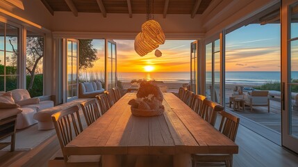 Wall Mural - charming coastal dining room with a long wooden table