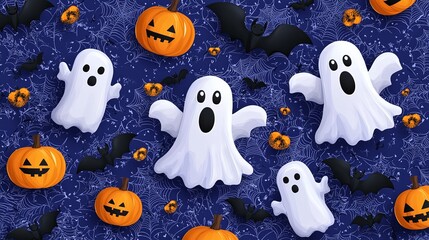 A lively Halloween-themed image featuring animated ghosts, happy pumpkins, friendly bats, and intricate spiderwebs on a navy blue background, exuding fun and excitement.