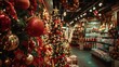© VK Studio - A bustling and festive shop decorated with Christmas trees, ornaments, and lights, creating a joyful holiday ambience filled with warmth and cheer.