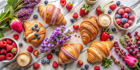 floral whimsy morning light croissants fresh fruit berry tartlets macarons edible flowers lavender buds delicate pink marble background rustic wood accents