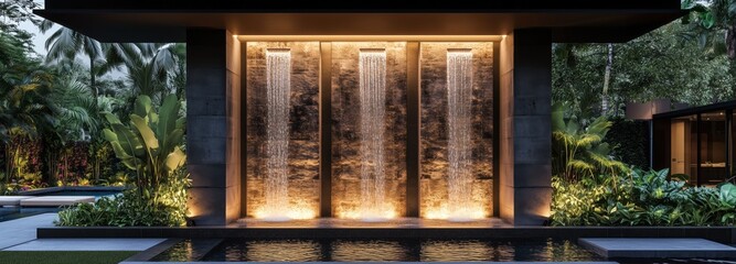 Waterfall wall fountain with lights in a modern garden, front view