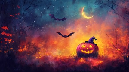 Watercolor paper texture sticker design pastel colors dark orange background glowing Halloween pumpkins flying bats purple witch hat golden autumn leaves stars crescent moon whimsical landscape purple