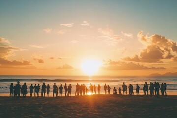 crowd people friends sunset beach holidays, generative ai