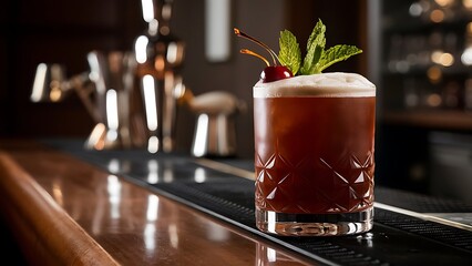 An alcoholic brown cocktail is in beautiful glass, on the bar