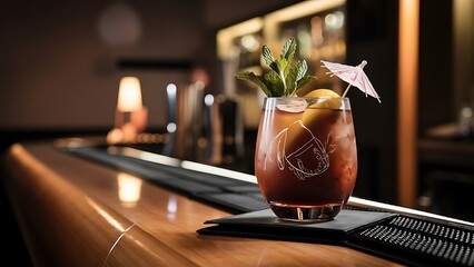 An alcoholic brown cocktail is in beautiful glass, on the bar