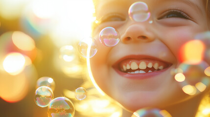  Laughing Child Playing with Bubbles in Bright Sunlight