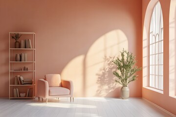 Poster - Peach Colored Room with Minimal Furniture and Plants for Product Display