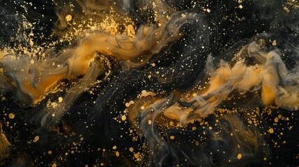 Sticker - Golden sparkling abstract background, luxury black smoke, acrylic paint underwater explosion, cosmic swirling ink 