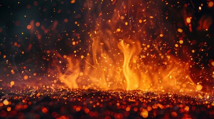 Burning red hot sparks rise from large fire in the night sky. Beautiful abstract background on the theme of fire, light and life. Fiery orange glowing flying away particles over black background in 4k