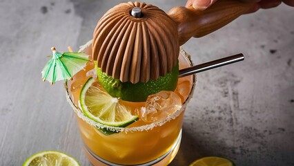 Close up view of wooden squeezer, refreshing sour caipirinha cocktails with lime and ice on grey tabletop