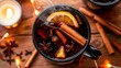 © Kartik - Close up view of hot mulled wine drinks with spices and orange pieces on wooden tabletop