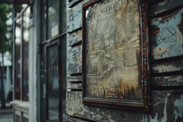 Old weathered newspaper page framed and hanging on a building wall