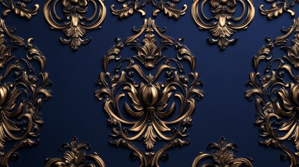 Sticker - Opulent Baroque Elegance: 3D Whimsical Metallic Patterns on Deep Navy Background