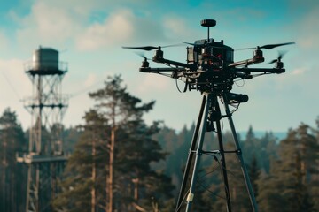 Professional drone is standing on a tripod outdoors in the forest, ready for aerial photography and videography