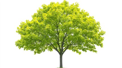 Poster -  Blooming Maple Tree with Green Leaves and Yellow Flowers Isolated on White Background. Capturing the Vibrant Springtime Growth and Natural Beauty of a Maple Tree in Full Bloom.