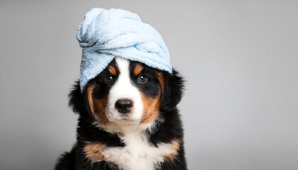 Wall Mural - cute baby with towel on head and bernese mountain dog